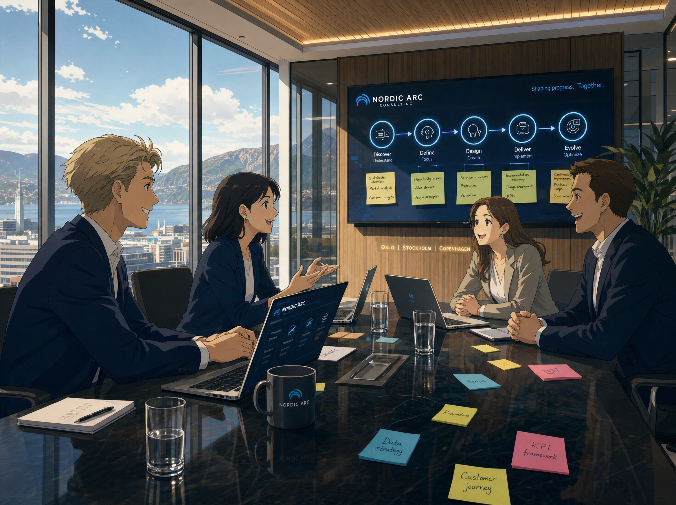 A consulting team in tailored suits sits with a client team in a glass-walled conference room, mapping process diagrams on a wall display