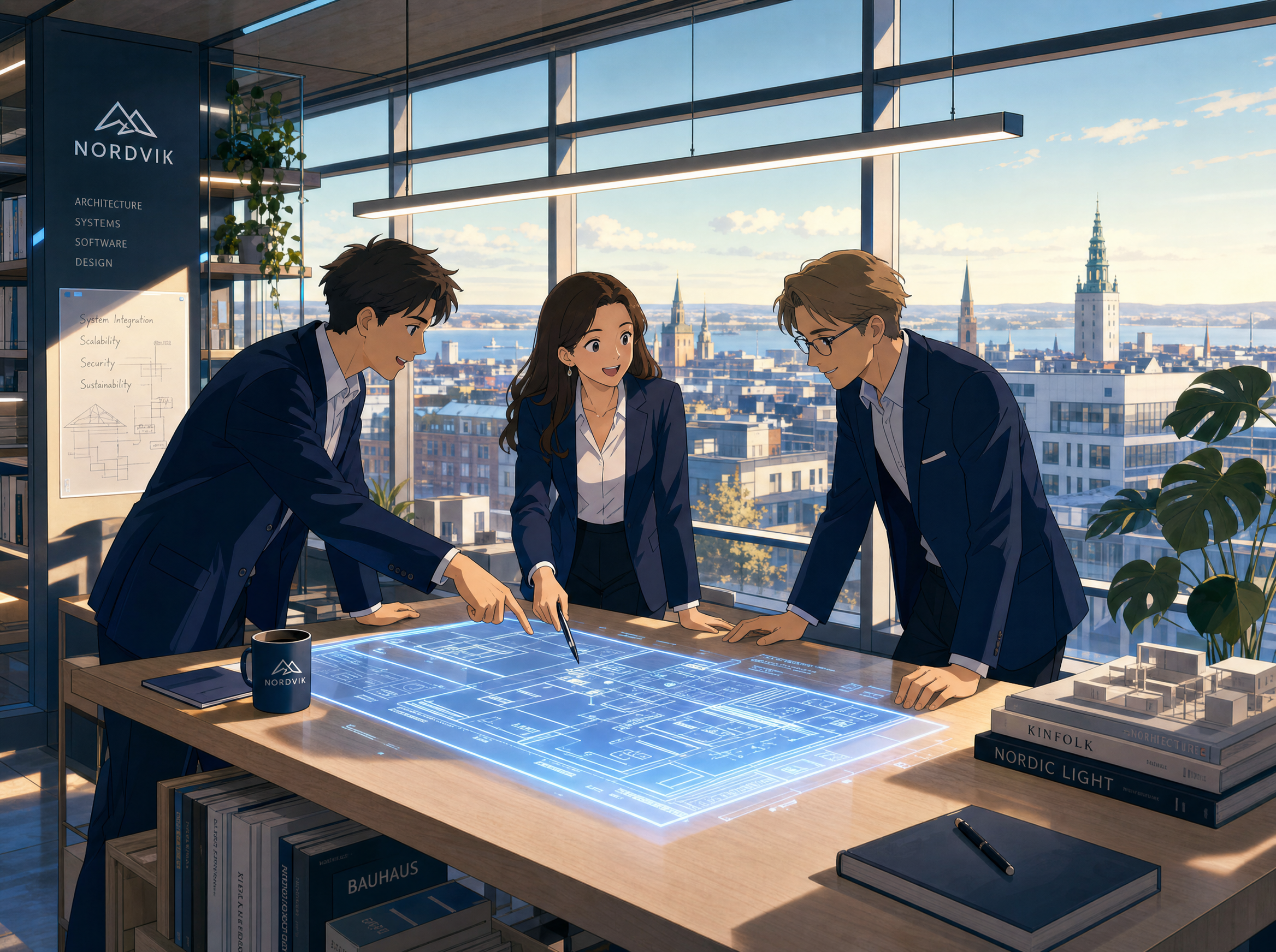 Three professionals in business attire stand around a drafting table, gesturing at glowing arc-blue system architecture blueprints