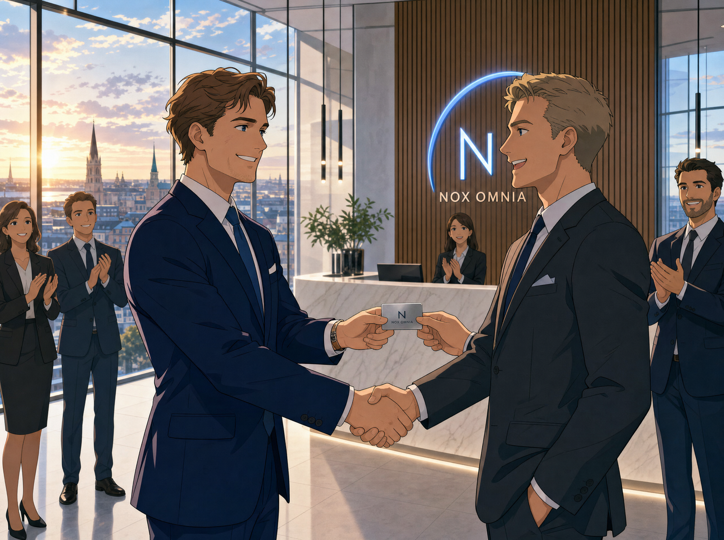 A consultant in a navy suit hands a silver keycard to a smiling client in a modern office lobby with a softly glowing Nox Omnia monogram